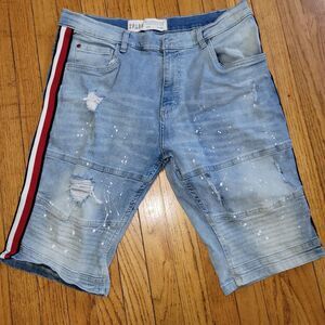 SPARK MEN Shorts Sz 38 Paint Splash INK  Biker Distressed Jean Shorts Blue